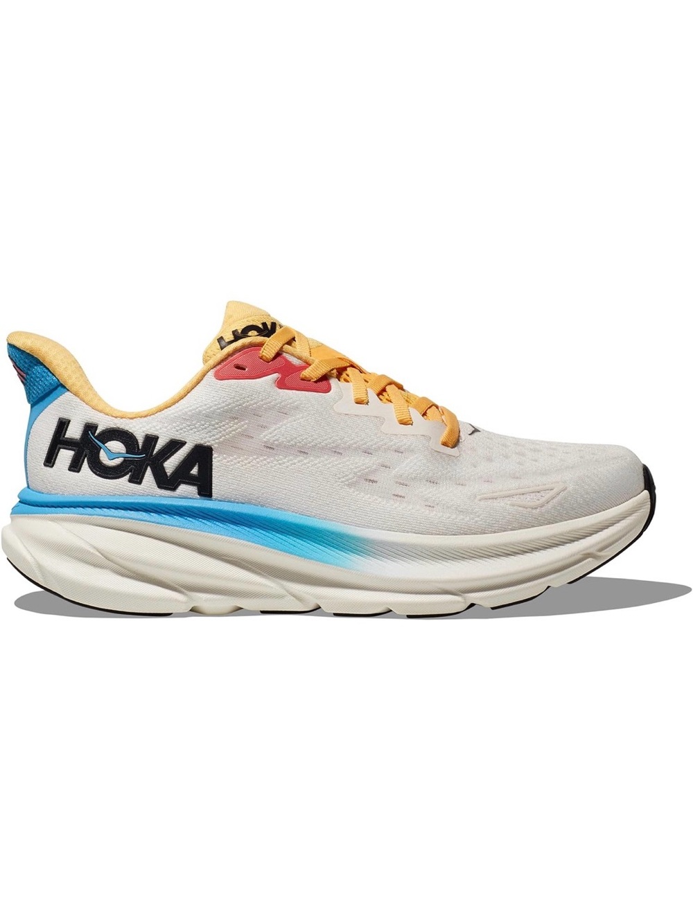 Hoka Cream Running Shoe with Blue Gradient and Yellow Accents